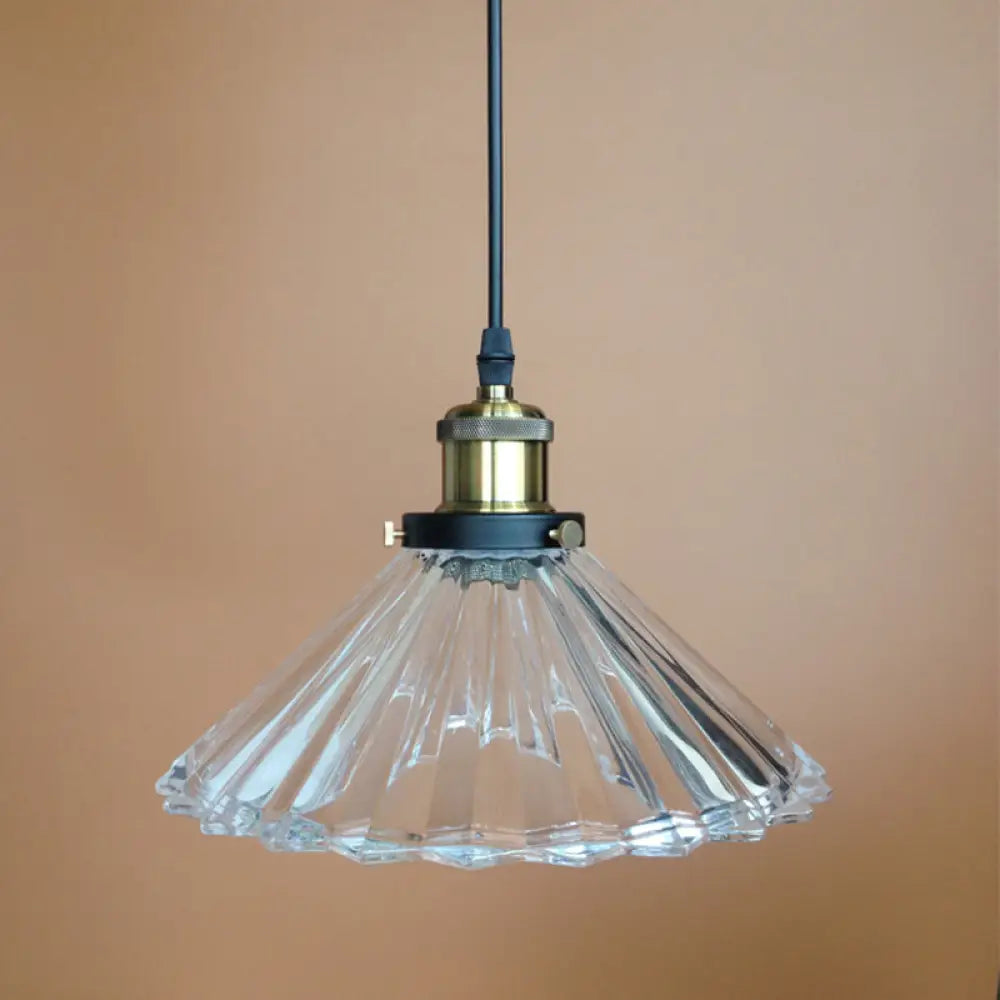 Rustic Clear Ribbed Glass Conical Bedroom Suspension Lamp