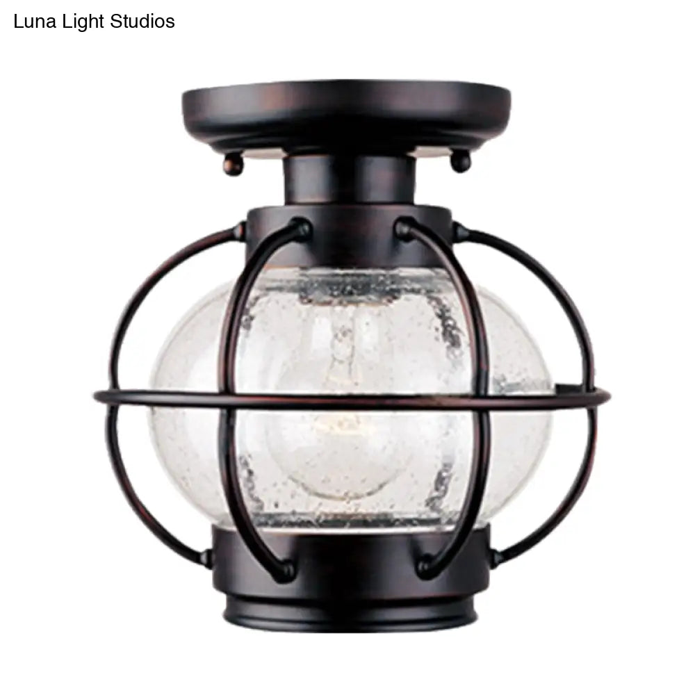 Rustic Coffee Lantern With Metal Cage - Outdoor Semi Flush Rural Mount