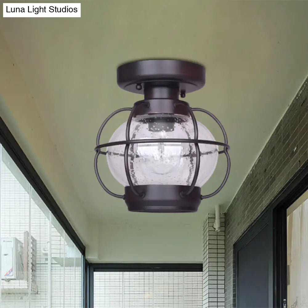 Rustic Coffee Lantern With Metal Cage - Outdoor Semi Flush Rural Mount