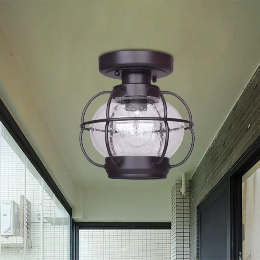 Rustic Coffee Lantern With Metal Cage - Outdoor Semi Flush Rural Mount