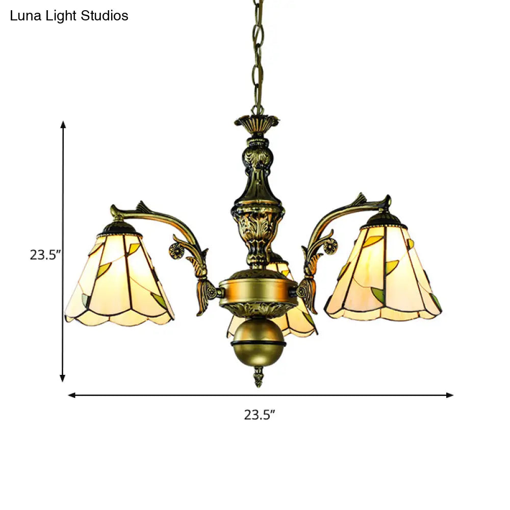 Rustic Cone Chandelier With Leaf Pattern - 3 Beige Glass Lights