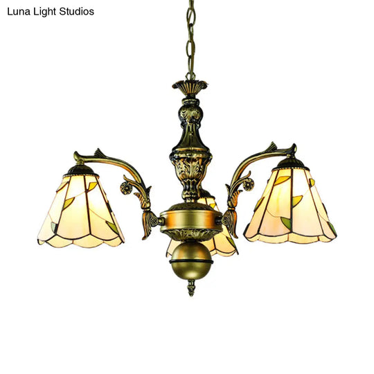 Rustic Cone Chandelier With Leaf Pattern - 3 Beige Glass Lights