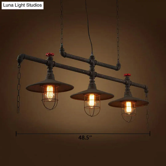 Rustic Cone Island Pendant Light With Wire Frame Pipe And 3 Bulbs - Dark Rust Iron Hanging