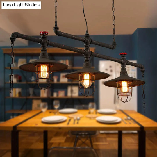 Rustic Cone Island Pendant Light With Wire Frame Pipe And 3 Bulbs - Dark Rust Iron Hanging