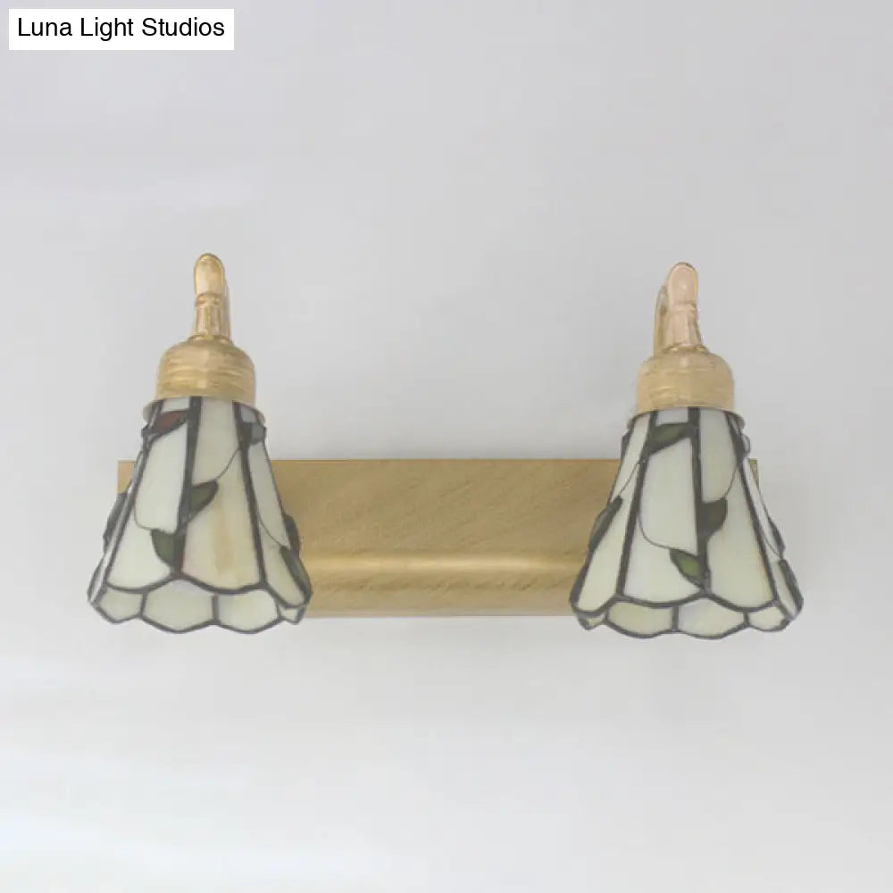 Rustic Cone Wall Light With Leaf Design 2-Light Stained Glass Sconce Lamp In Bronze - Ideal For