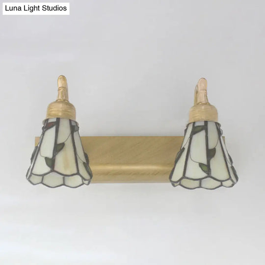 Rustic Cone Wall Light With Leaf Design 2-Light Stained Glass Sconce Lamp In Bronze - Ideal For