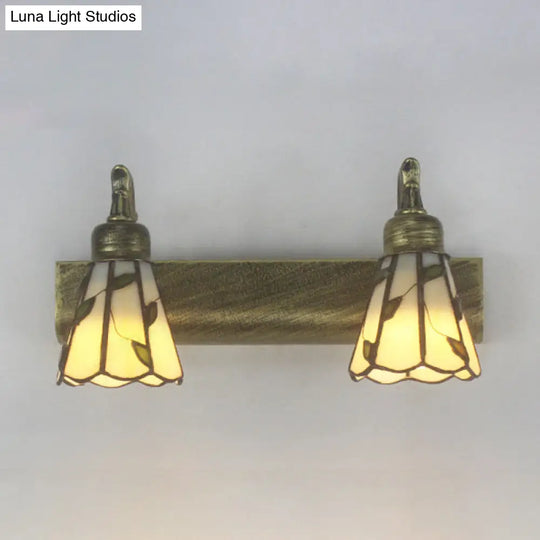 Rustic Cone Wall Light With Leaf Design 2-Light Stained Glass Sconce Lamp In Bronze - Ideal For