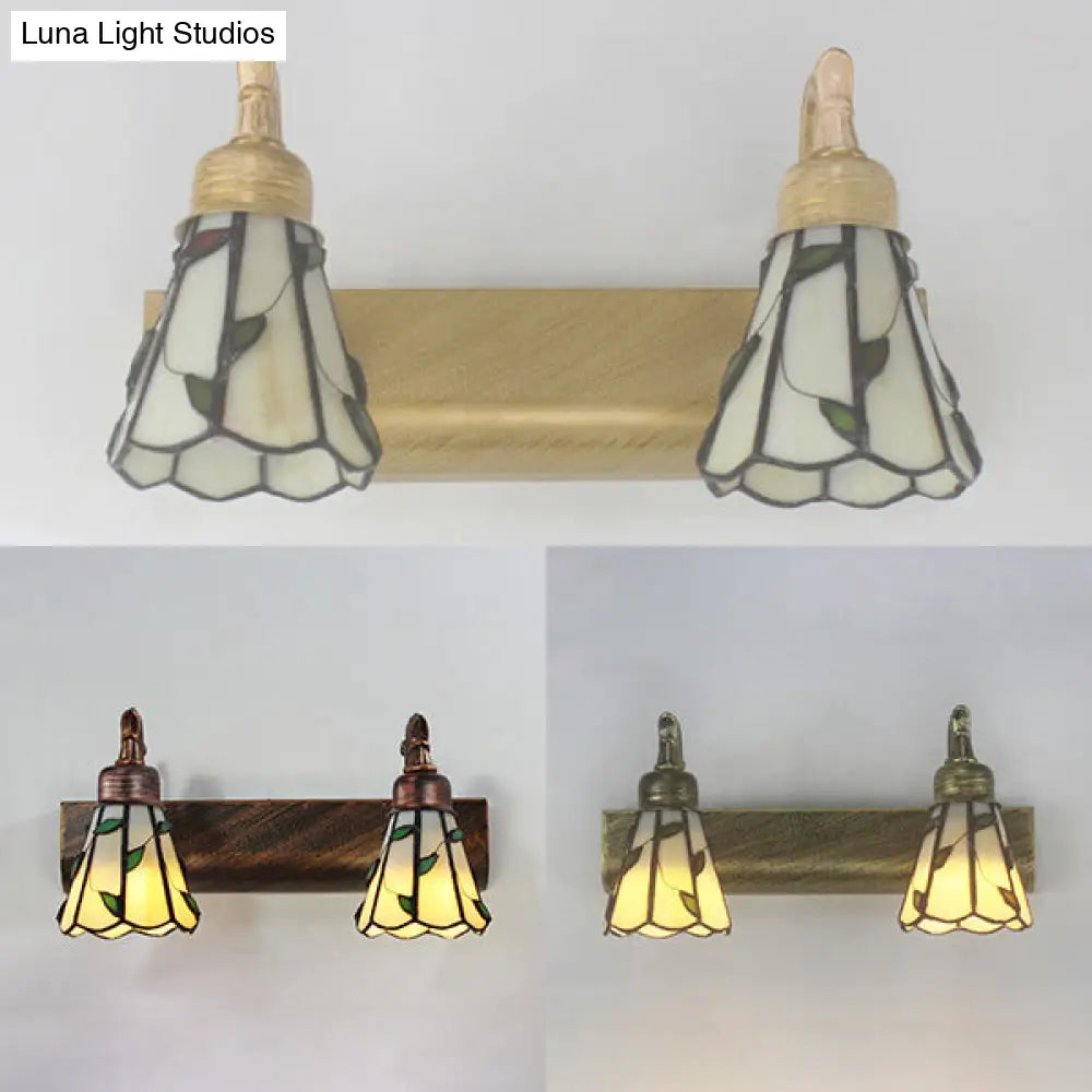 Rustic Cone Wall Light With Leaf Design 2-Light Stained Glass Sconce Lamp In Bronze - Ideal For