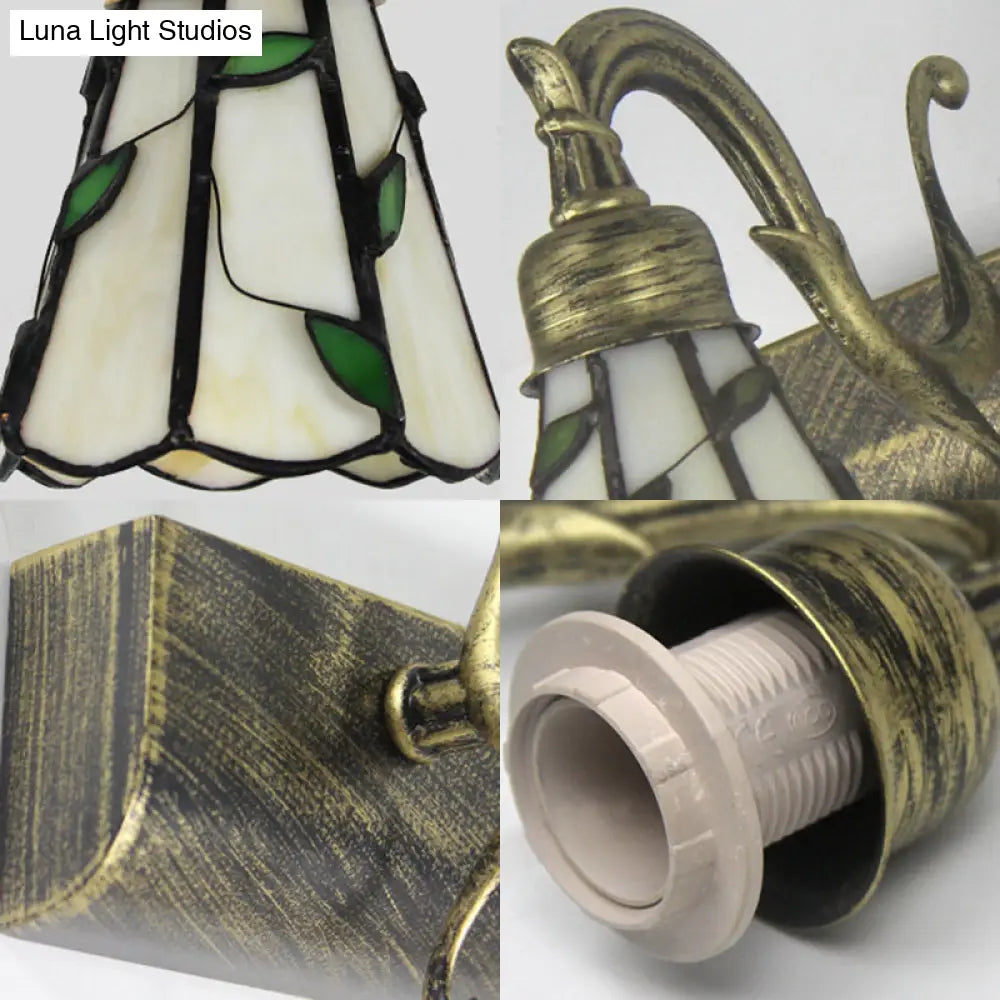 Rustic Cone Wall Light With Leaf Design 2-Light Stained Glass Sconce Lamp In Bronze - Ideal For