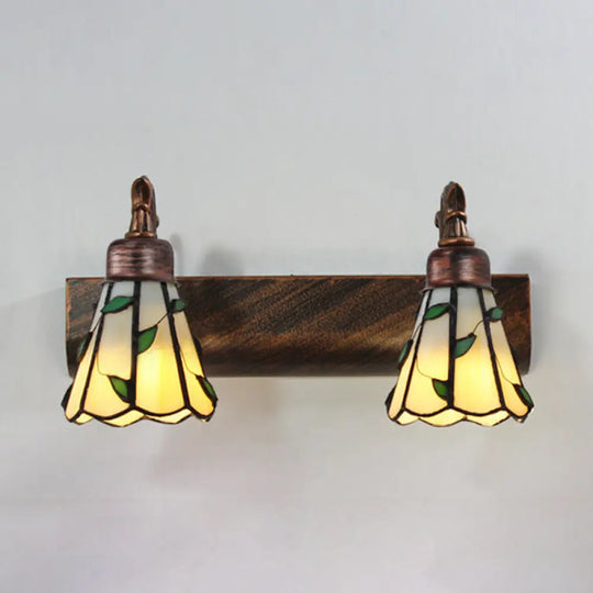 Rustic Cone Wall Light With Leaf Design 2-Light Stained Glass Sconce Lamp In Bronze - Ideal For