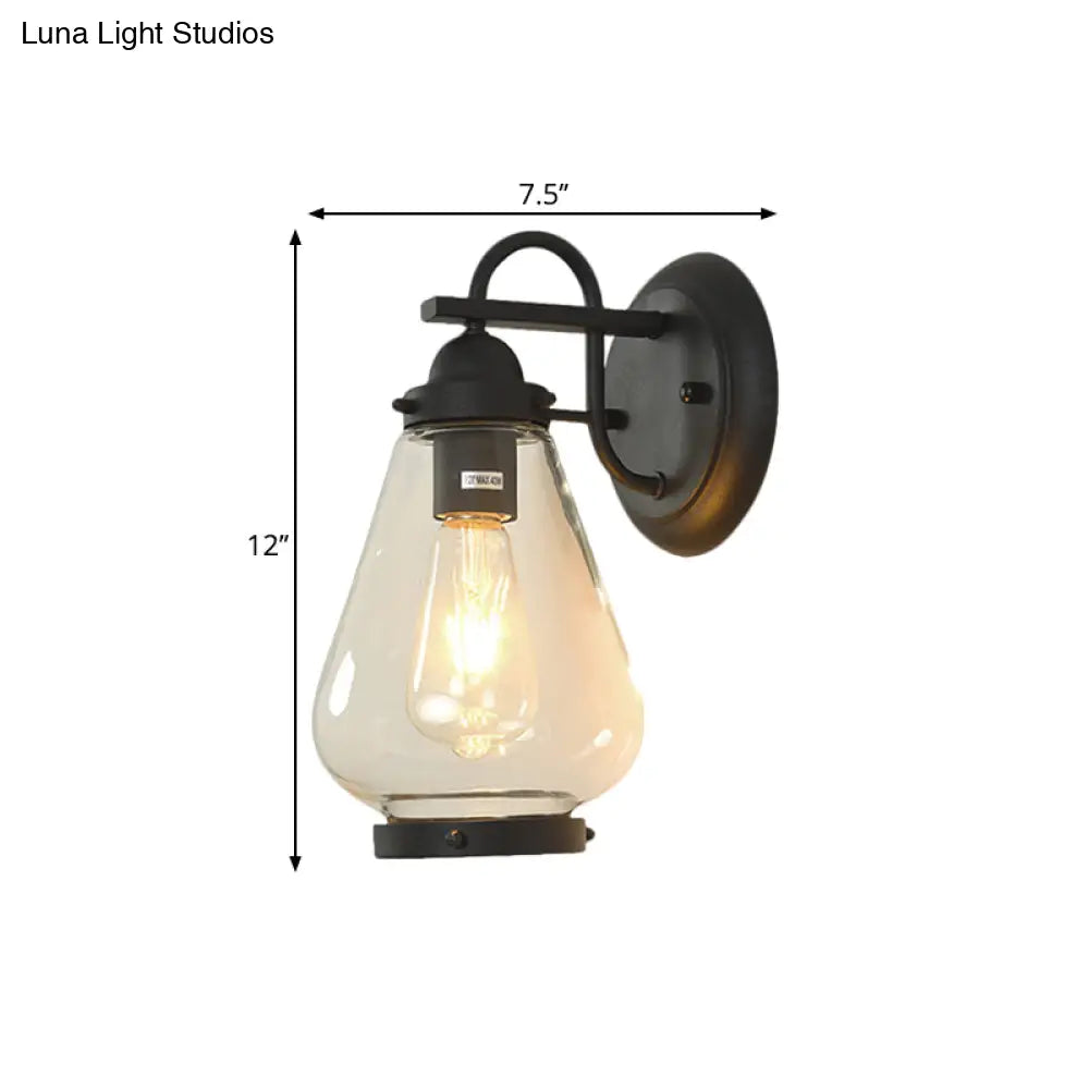 Rustic Cone Wall Mount Lighting - 1-Light Transparent Glass Lamp In Black