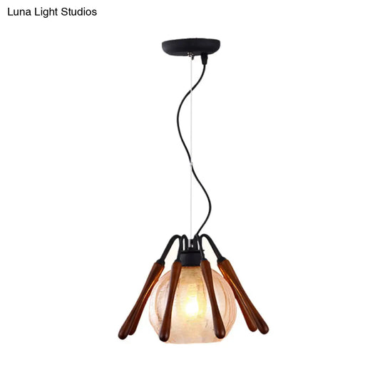 Rustic Conical Wood Pendant Lamp With Cracked Glass Shade - 1 Light Brown Suspended Lighting Fixture