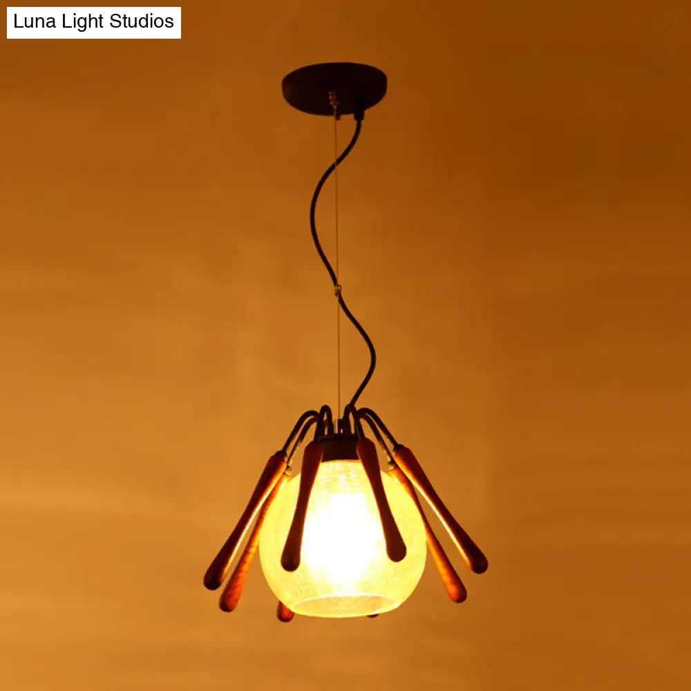 Rustic Conical Wood Pendant Lamp With Cracked Glass Shade - 1 Light Brown Suspended Lighting Fixture