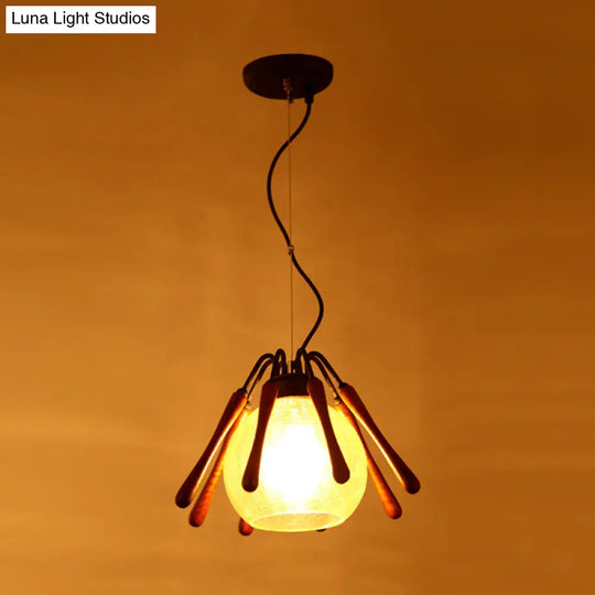 Rustic Conical Wood Pendant Lamp With Cracked Glass Shade - 1 Light Brown Suspended Lighting Fixture