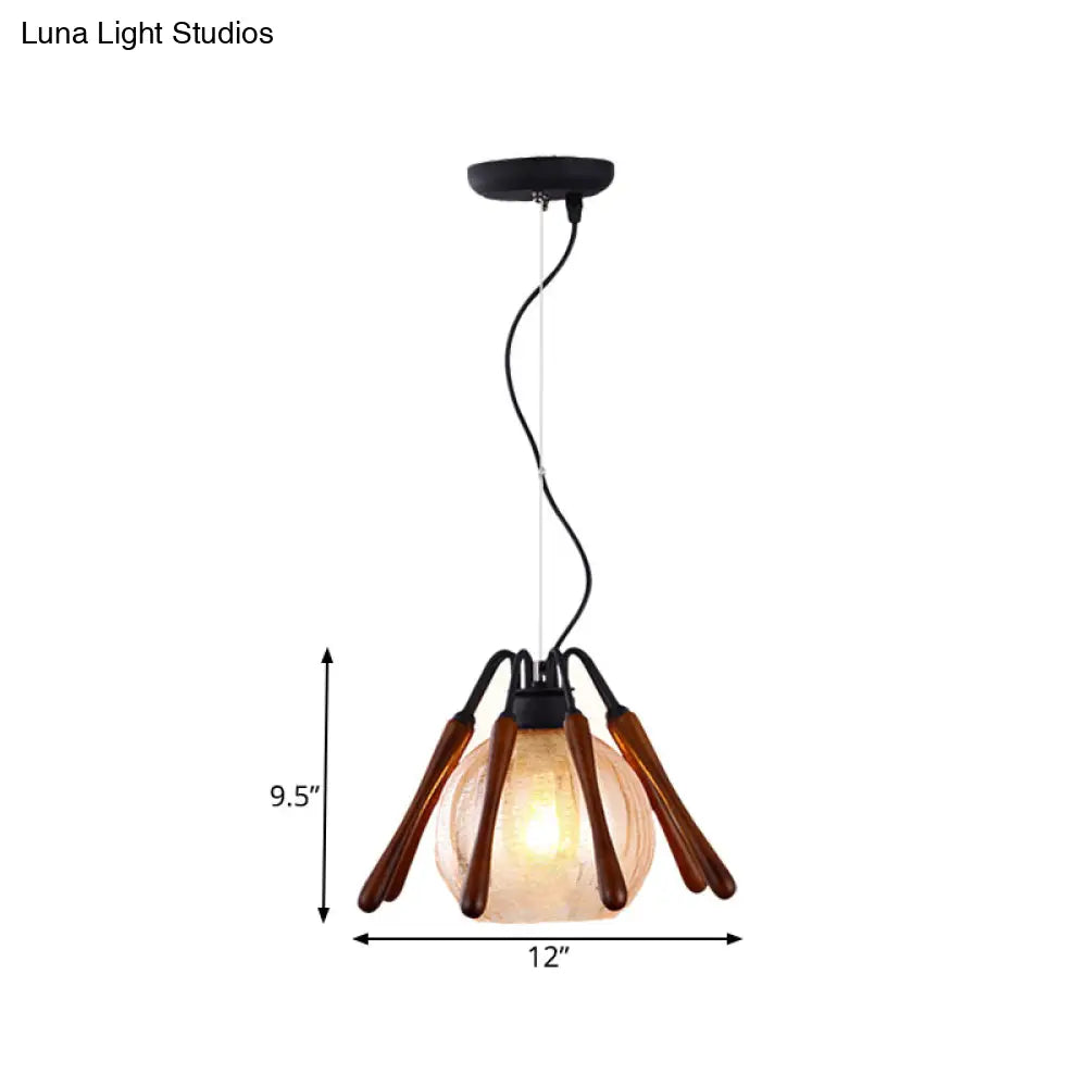 Rustic Conical Wood Pendant Lamp With Cracked Glass Shade - 1 Light Brown Suspended Lighting Fixture