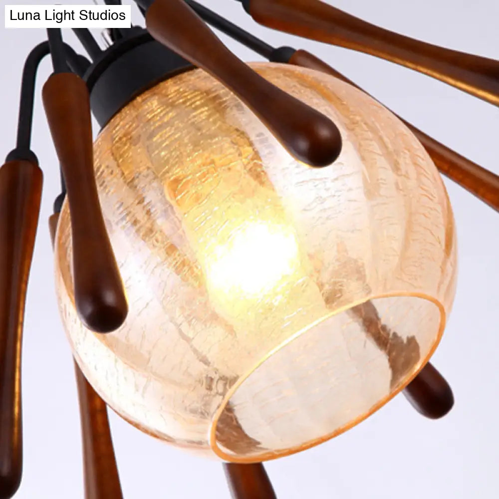 Rustic Conical Wood Pendant Lamp With Cracked Glass Shade - 1 Light Brown Suspended Lighting Fixture