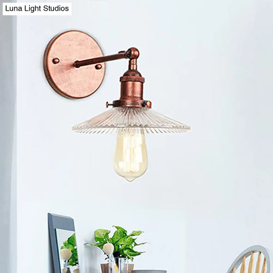 Rustic Copper 1-Light Scalloped Sconce With Ribbed Glass - Wall Lamp For Dining Table