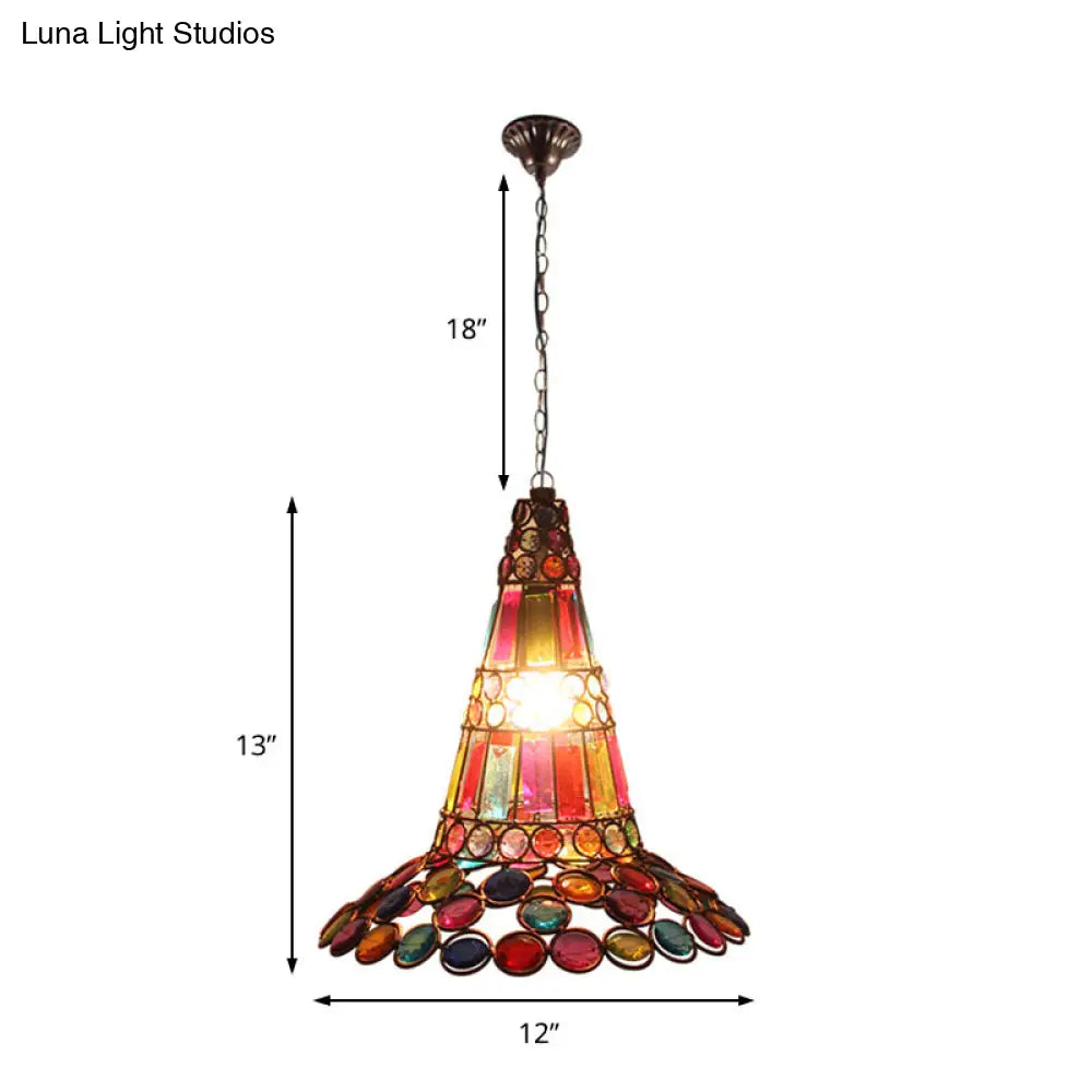 Vintage Crystal Pendant Lamp: 1-Light Rustic Copper Hanging Lantern With Multi-Colored Bead Detail