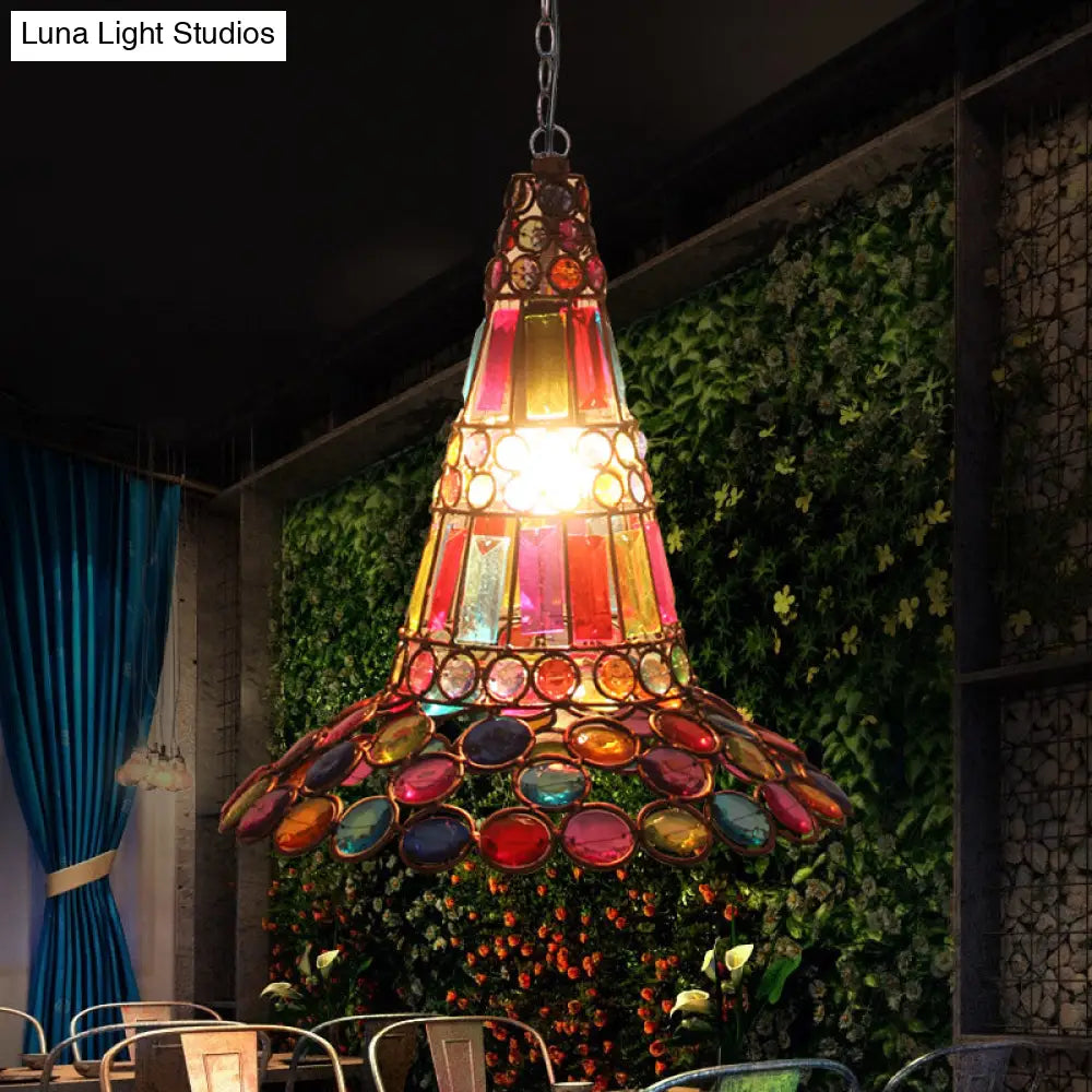 Rustic Copper Antique Crystal Pendant Lamp: Tapered Hanging Light With Multi-Colored Bead
