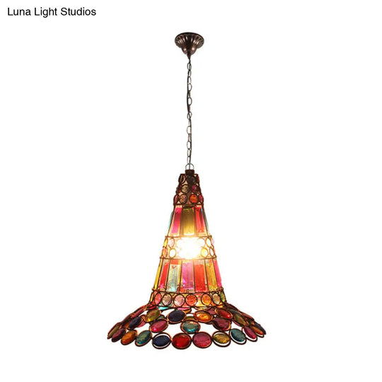 Vintage Crystal Pendant Lamp: 1-Light Rustic Copper Hanging Lantern With Multi-Colored Bead Detail