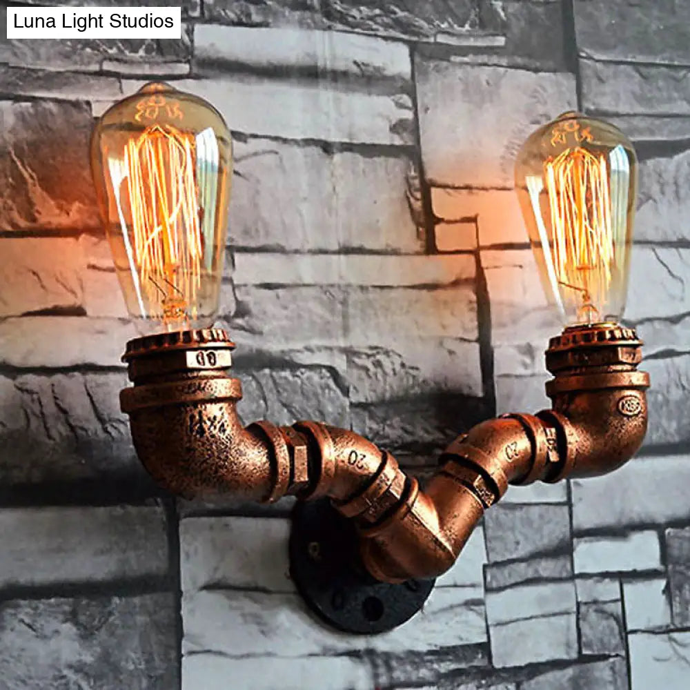 Rustic Copper Finish Wall Sconce With Water Pipe Design - 2 Bulbs Stylish Metal Mount Light For