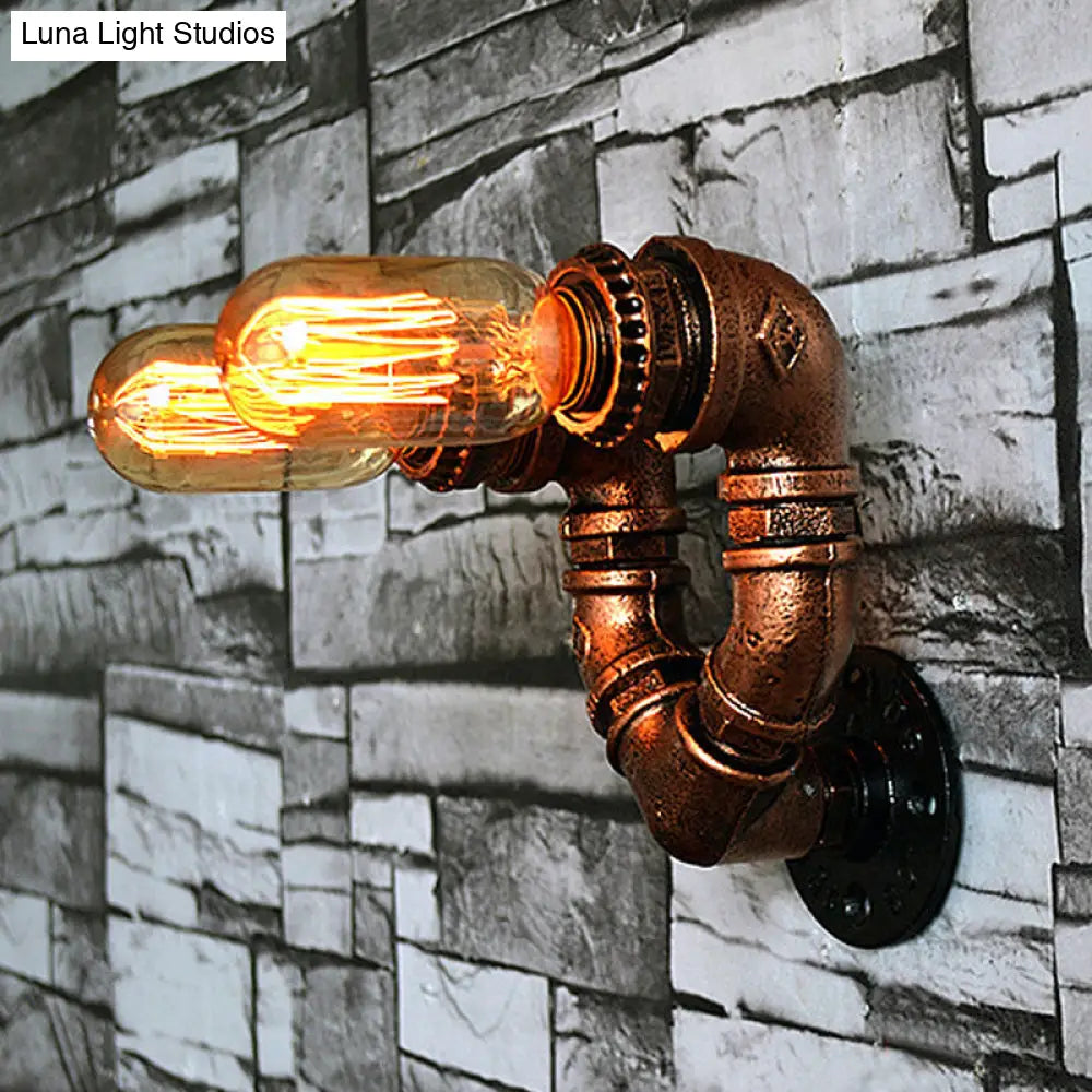 Rustic Copper Finish Wall Sconce With Water Pipe Design - 2 Bulbs Stylish Metal Mount Light For