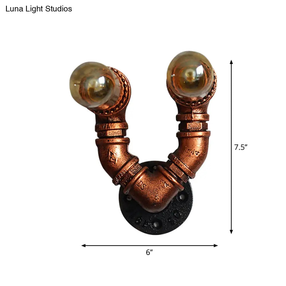 Rustic Copper Finish Wall Sconce With Water Pipe Design - 2 Bulbs Stylish Metal Mount Light For