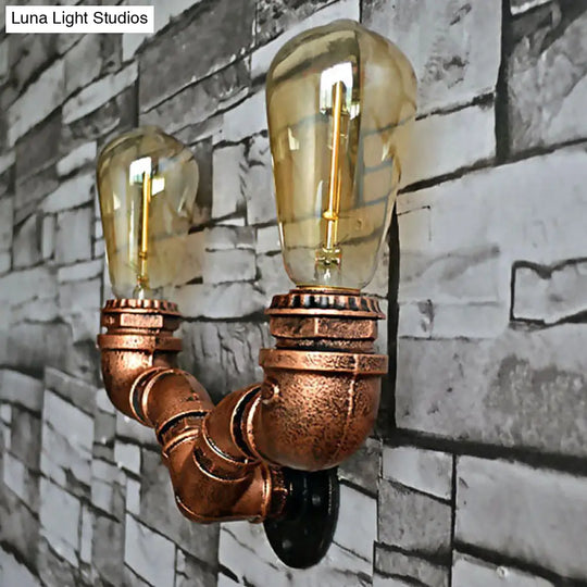 Rustic Copper Finish Wall Sconce With Water Pipe Design - 2 Bulbs Stylish Metal Mount Light For