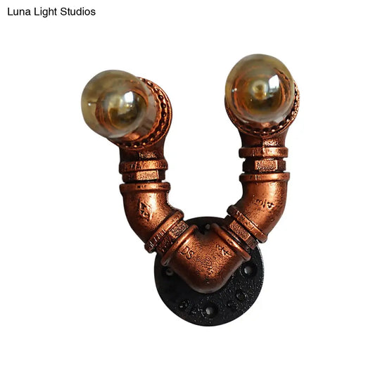 Rustic Copper Finish Wall Sconce With Water Pipe Design - 2 Bulbs Stylish Metal Mount Light For