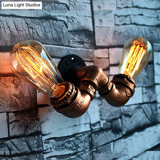 Rustic Copper Finish Wall Sconce With Water Pipe Design - 2 Bulbs Stylish Metal Mount Light For