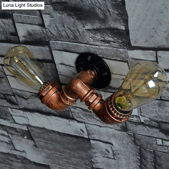 Rustic Copper Finish Wall Sconce With Water Pipe Design - 2 Bulbs Stylish Metal Mount Light For