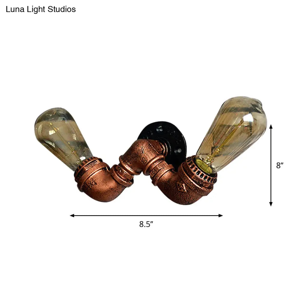 Rustic Copper Finish Wall Sconce With Water Pipe Design - 2 Bulbs Stylish Metal Mount Light For