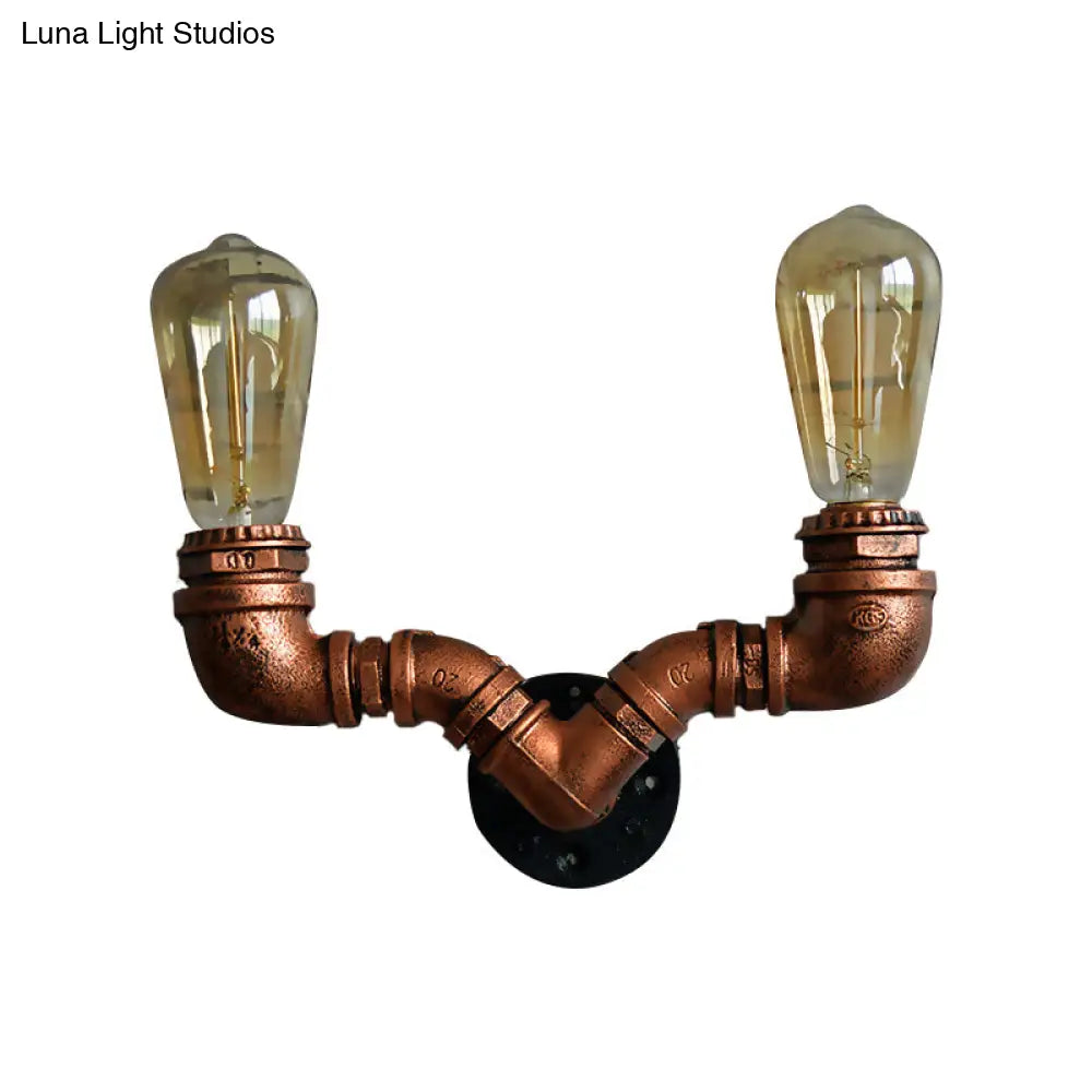 Rustic Copper Finish Wall Sconce With Water Pipe Design - 2 Bulbs Stylish Metal Mount Light For