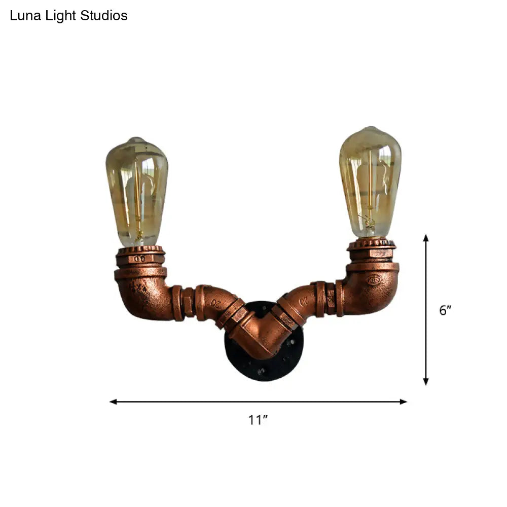 Rustic Copper Finish Wall Sconce With Water Pipe Design - 2 Bulbs Stylish Metal Mount Light For