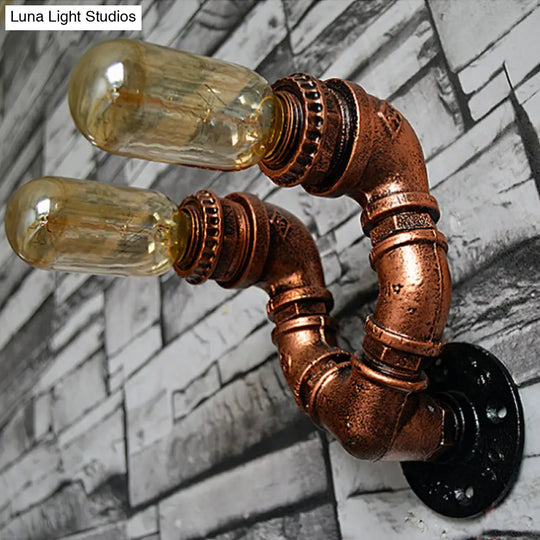 Rustic Copper Finish Wall Sconce With Water Pipe Design - 2 Bulbs Stylish Metal Mount Light For