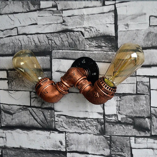 Rustic Copper Finish Wall Sconce With Water Pipe Design - 2 Bulbs Stylish Metal Mount Light For