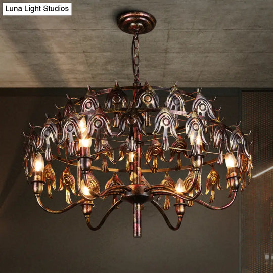 Rustic Copper Pendant Chandelier - 9-Light Country Metal Fixture For Living Room