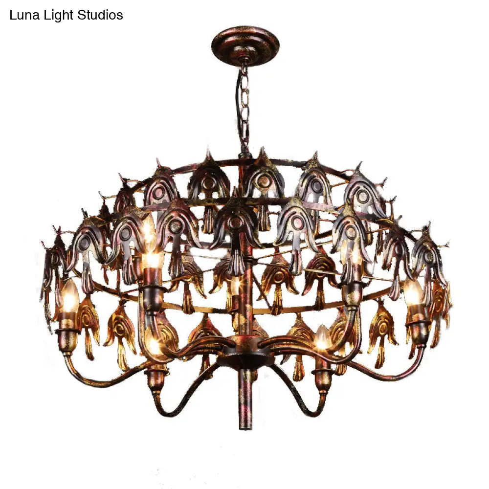 Rustic Copper Pendant Chandelier - 9-Light Country Metal Fixture For Living Room