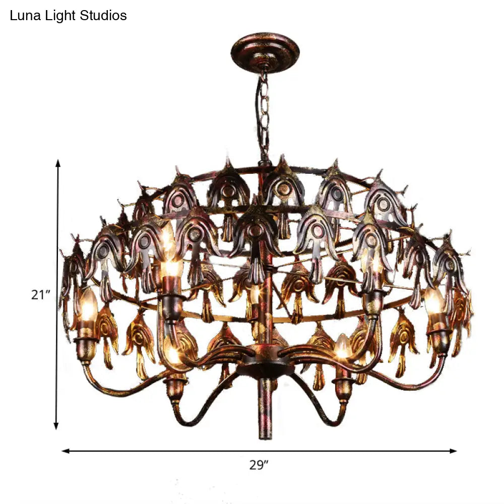 Rustic Copper Pendant Chandelier - 9-Light Country Metal Fixture For Living Room