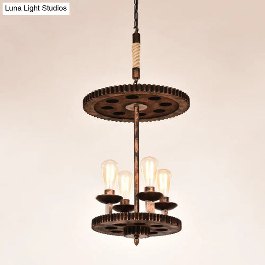 Copper Weathered Pendant Lamp - Farmhouse Chandelier With Exposed Bulbs & Gear Deco 4 Lights