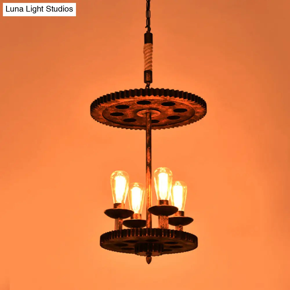 Copper Weathered Pendant Lamp - Farmhouse Chandelier With Exposed Bulbs & Gear Deco 4 Lights