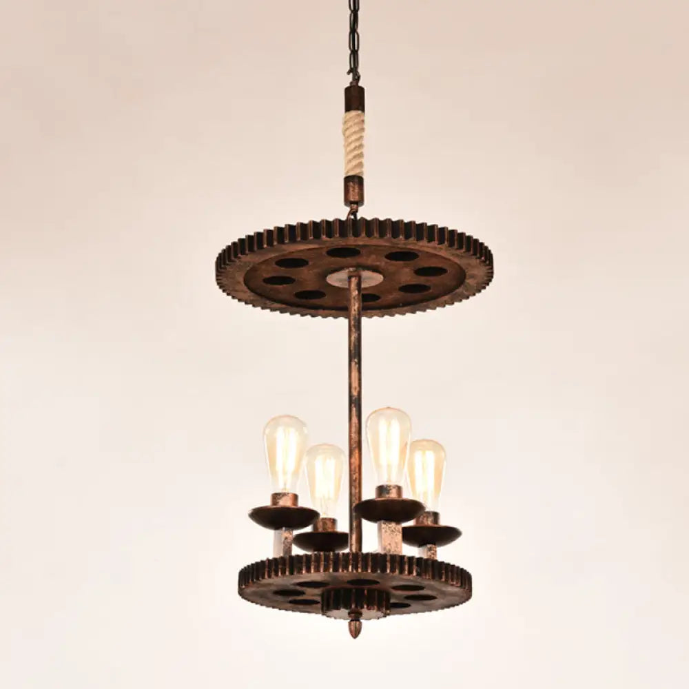 Rustic Copper Pendant Lamp - 4-Light Farmhouse Chandelier With Exposed Bulbs & Gear Deco Weathered