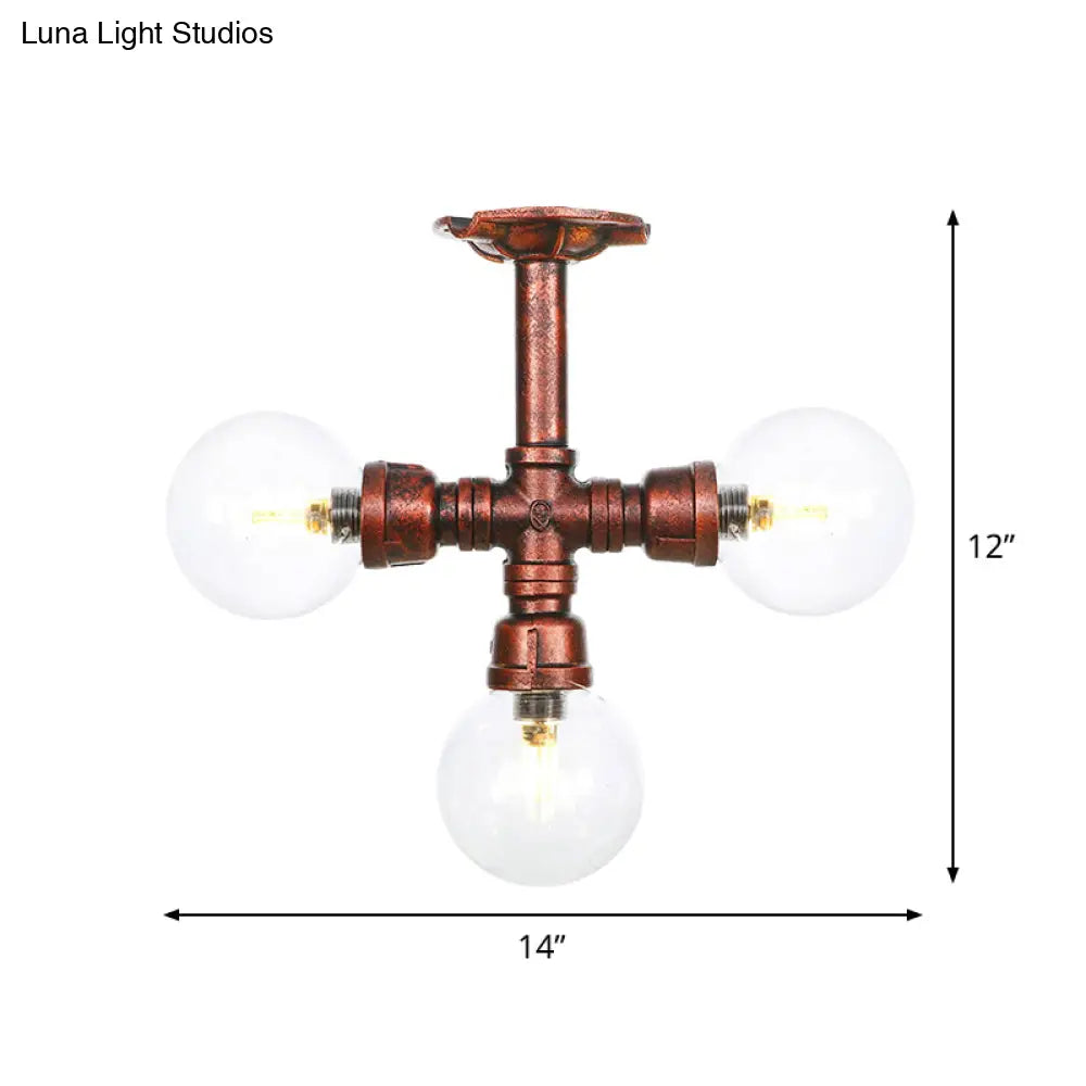 Rustic Copper Semi-Flush Ceiling Light With Clear Glass - 3/4-Light Flush Mount Fixture