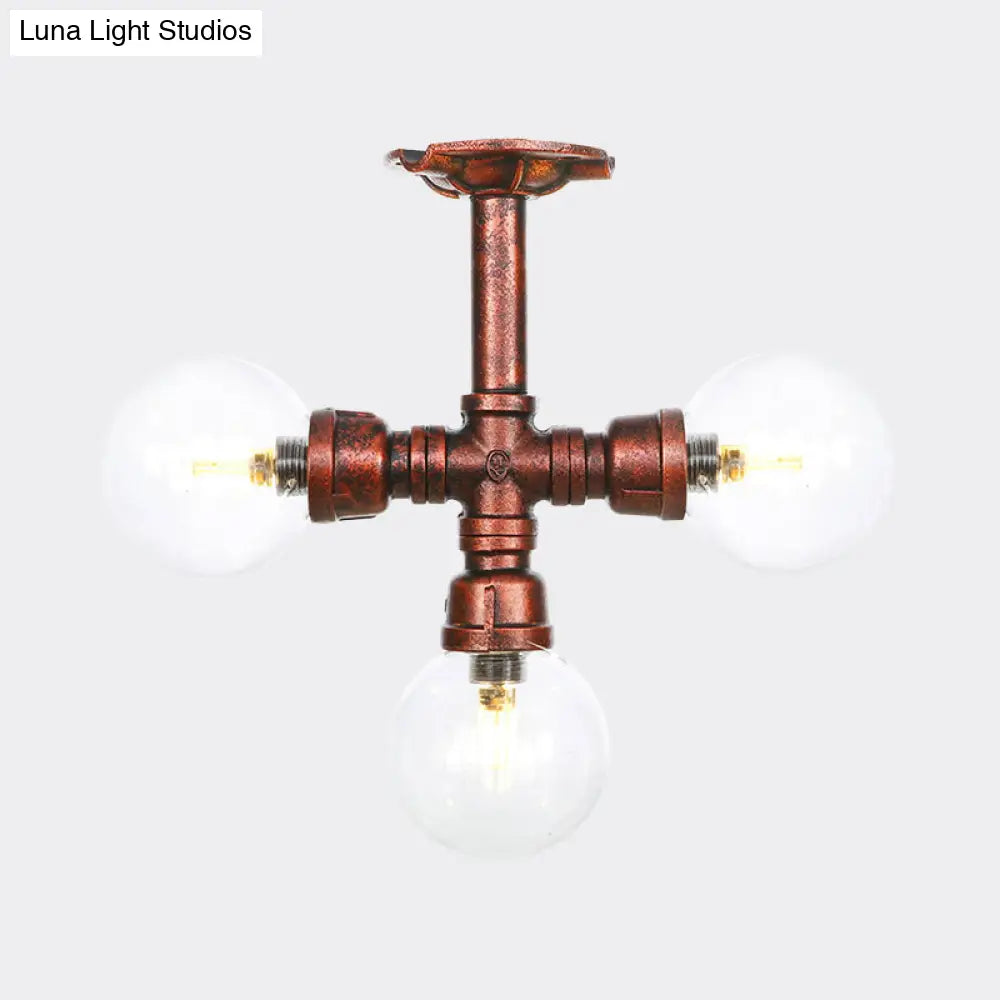 Rustic Copper Semi-Flush Ceiling Light With Clear Glass - 3/4-Light Flush Mount Fixture