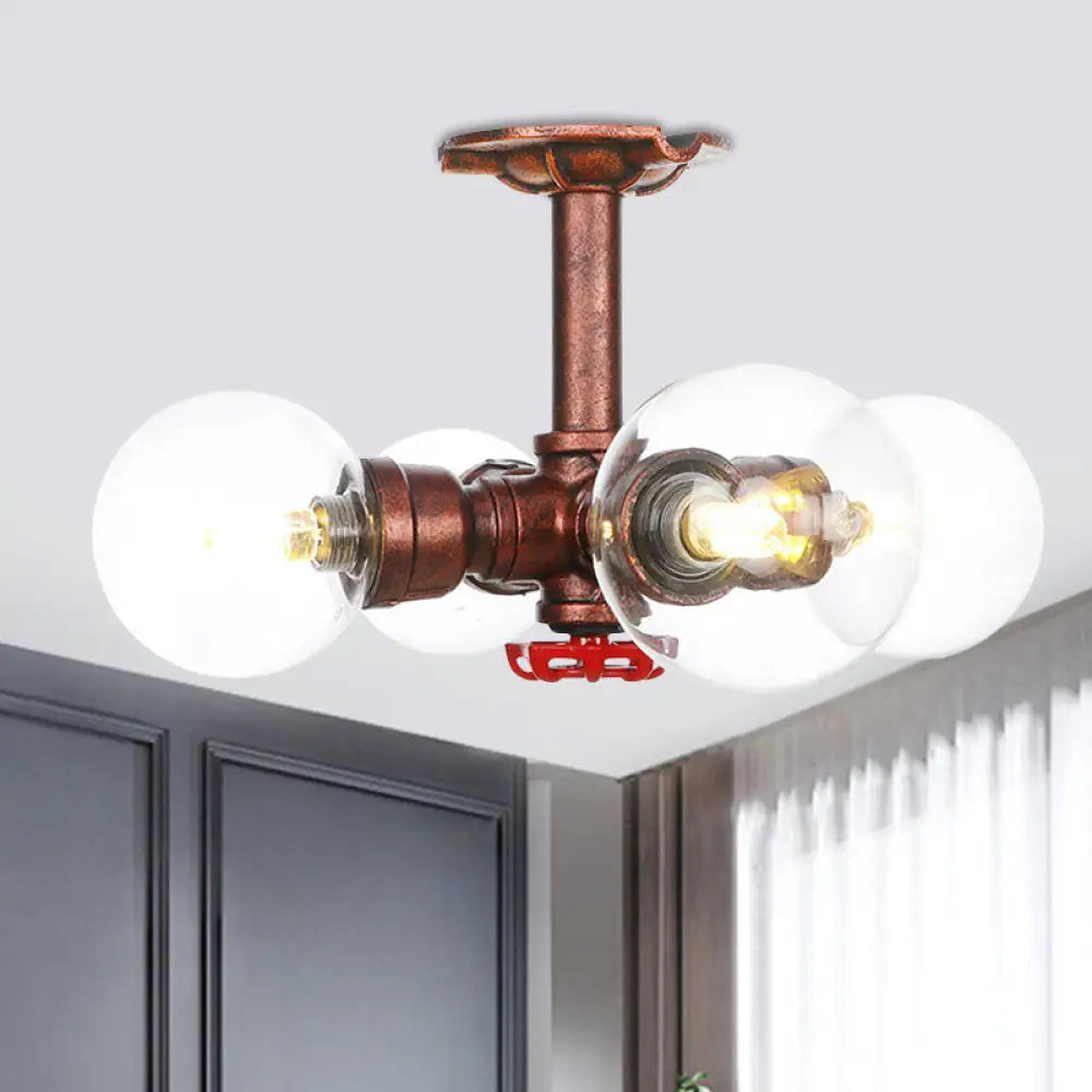 Rustic Copper Semi-Flush Ceiling Light With Clear Glass - 3/4-Light Flush Mount Fixture / D