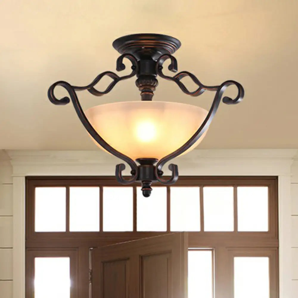 Rustic Copper Semi Flush Ceiling Light With Iron Scrolled Design And Beige Glass Shade