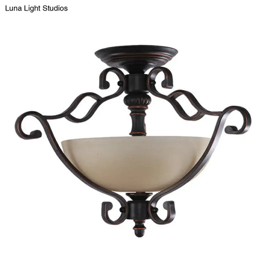 Rustic Copper Semi Flush Ceiling Light With Iron Scrolled Design And Beige Glass Shade