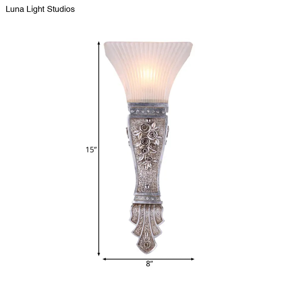 Rustic Corridor Sconce Light - Ribbed Glass Flared Wall Mount With Silver Base