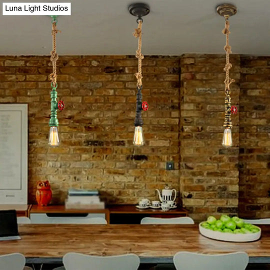 Black Country Piping Hanging Lamp: Single-Bulb Iron Pendant Light Fixture With Water Valve & Rope