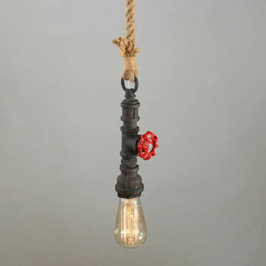 Rustic Country Hanging Lamp With Single-Bulb Iron Pendant Light Fixture - Water Valve And Rope Deco